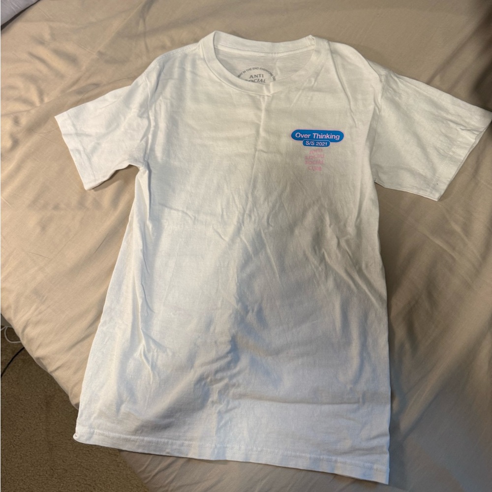 Anti Social Social Club White Tee with Blue 'Over Thinking' Graphic - Picture 1 of 3
